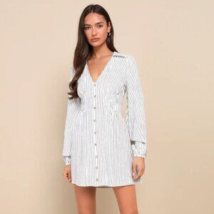 Breezy Sweetie Ivory and Black Striped Smocked Linen Mini Dress - Small - NWT